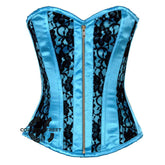 Baby Blue Satin With Black Net Front Antique Zipper Gothic Overbust Burlesque Corset